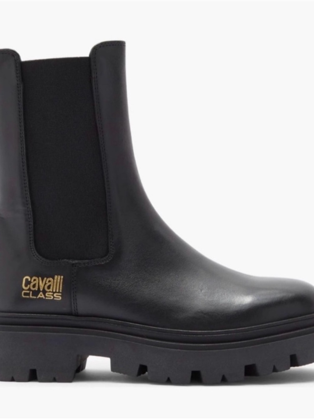 Cavalli Class Black Leather Lug-Sole Chelsea Boot with Gold Logo